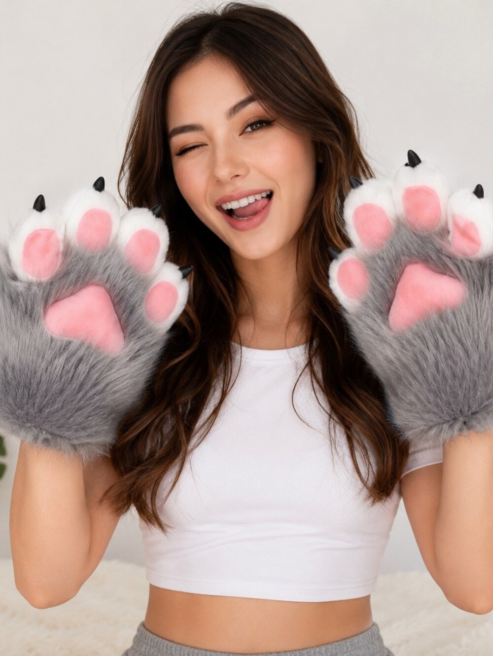 Gray Wolf Cat Paw Gloves Plush Faux Fur Cosplay Costume Mittens Claw Gloves NWT